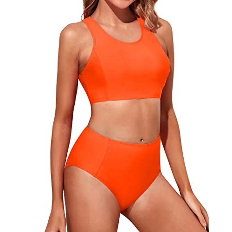 High Waisted Bikini Set Full Coverage Bottom-Neon Orange