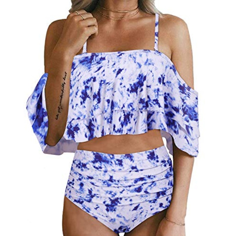 High Waisted Off Shoulder Ruffle Bikini Swimsuit-Blue Tie Dye