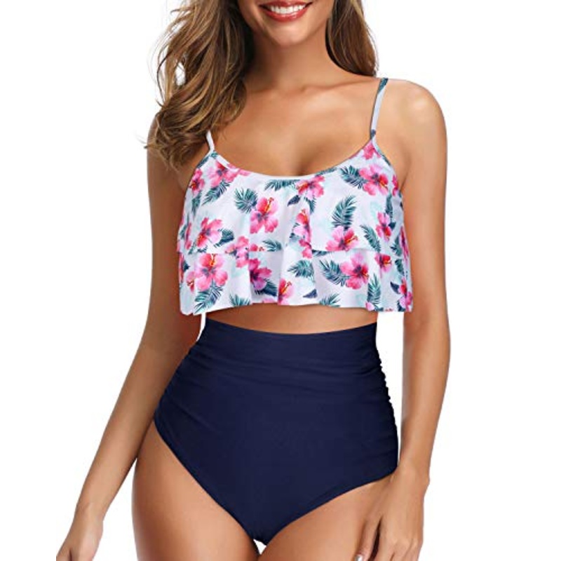 High Waisted Ruffle Bikini Adjustable Spaghetti Straps-White And Blue Floral