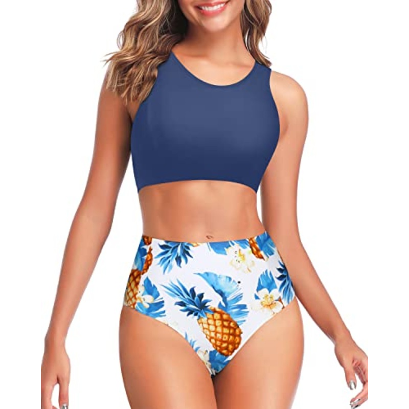 High Waisted Swimsuits Full Coverage Bottom-Tropical Pineapple