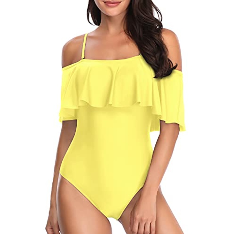 Long Torso Off Shoulder Vintage One Piece Swimsuits-Yellow