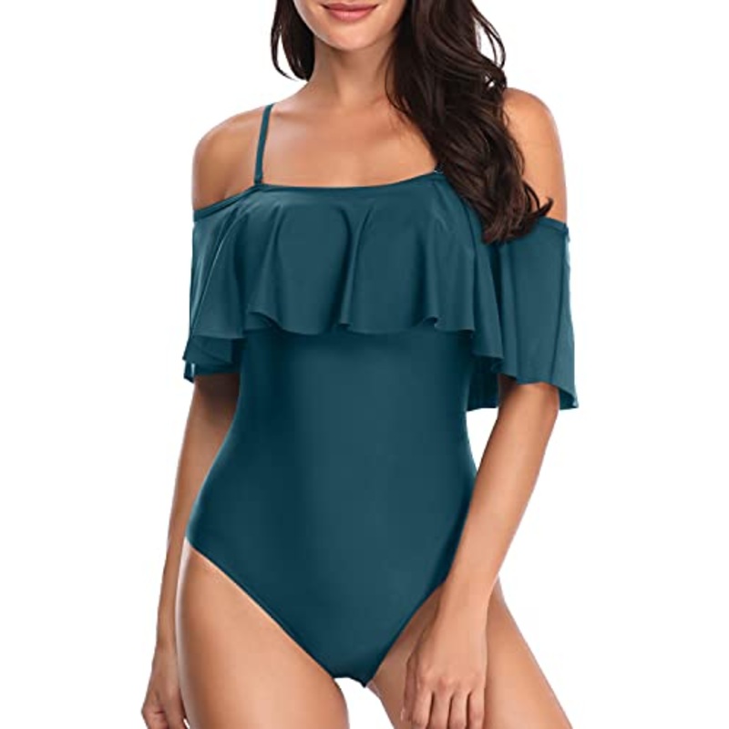 Off Shoulder Long Torso Vintage One Piece Swimsuits-Teal
