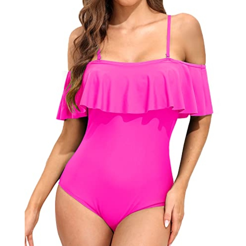 Off Shoulder Ruffled Retro Bathing Suit Flounce Printed One Piece Swimsuit-Neon Pink