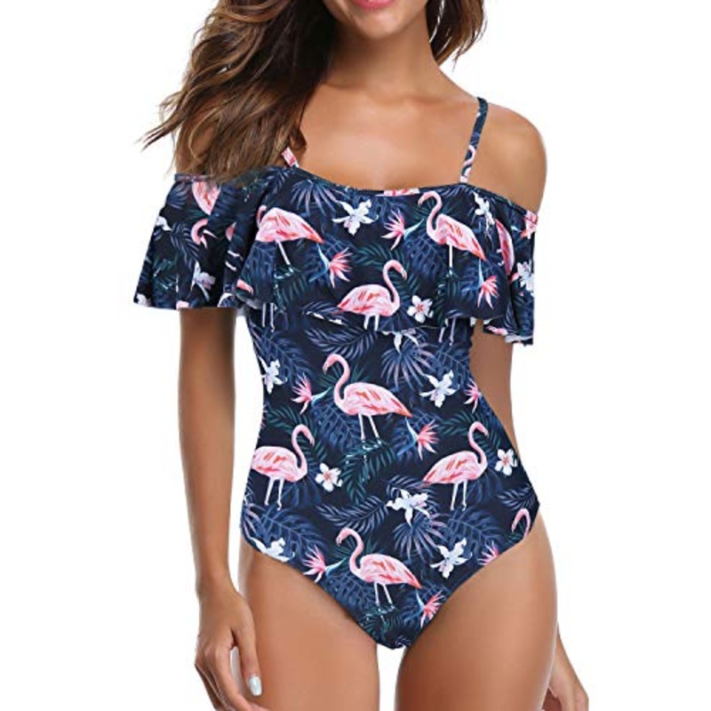 Off Shoulder Ruffled Retro One Piece Swimsuit For Women-Blue Flamingo