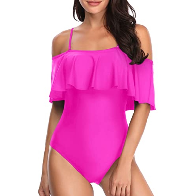 Off Shoulder Slimming Vintage One Piece Swimsuits-Neon Pink