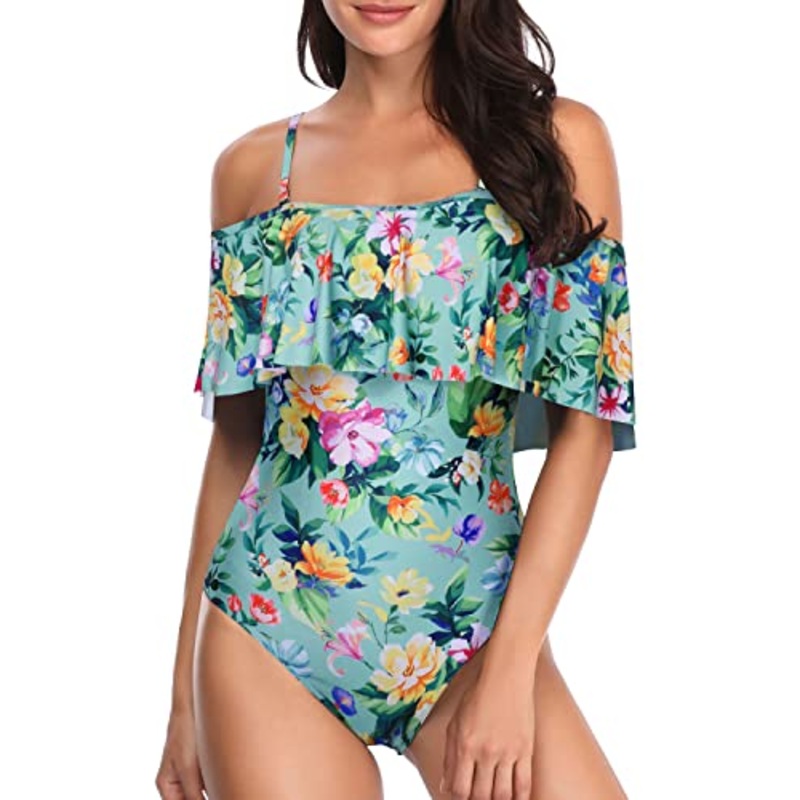 Padded Bra Off Shoulder One Piece Swimsuit-Mint Flowers