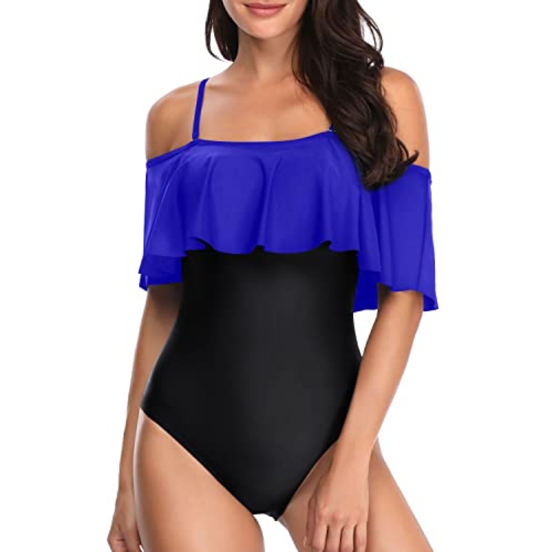 Padded Bras Off Shoulder Vintage One Piece Swimsuits-Royal Blue And Black
