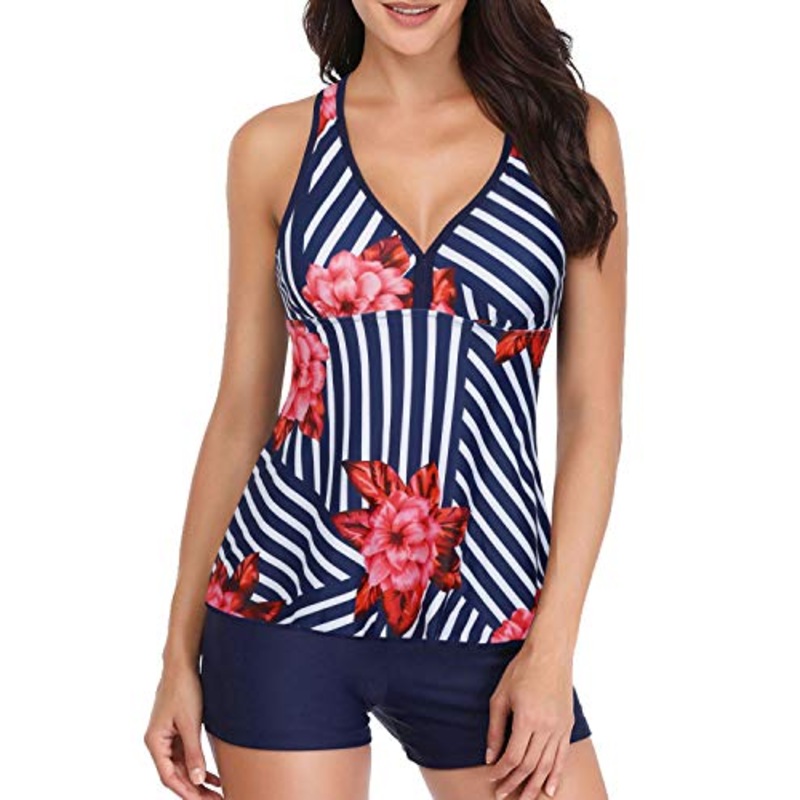 Padded Push Up Two Piece Tankini & Boyshort-Blue Floral