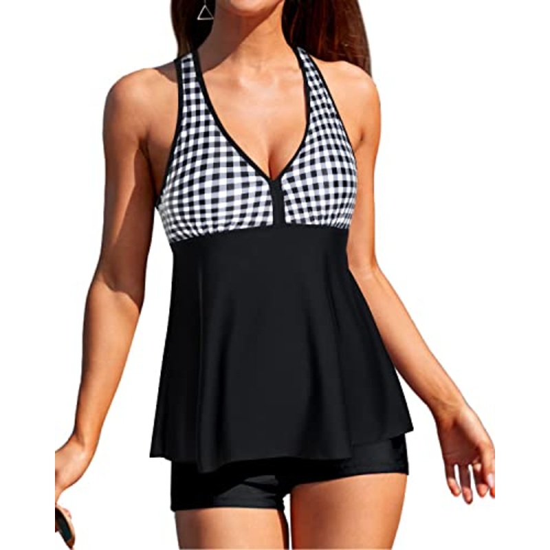 Racerback Tankini Swimsuit Removable Padded Push Up Bras And Boyshort-Black Plaid