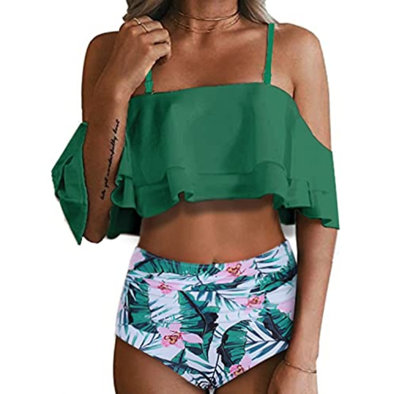 Removable Padded Push Up Two Piece High Waisted Bikini Set-Green Tropical Floral
