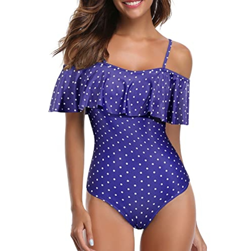 Retro Tummy Control One Piece Swimsuit Off Shoulder Women's Bathing Suit-Navy Blue Polka Dot