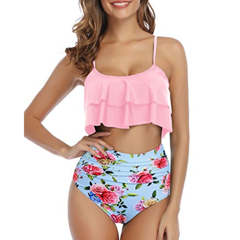 Ruched Bikini Set Double Tiered Ruffle Crop Top-Light Pink Floral