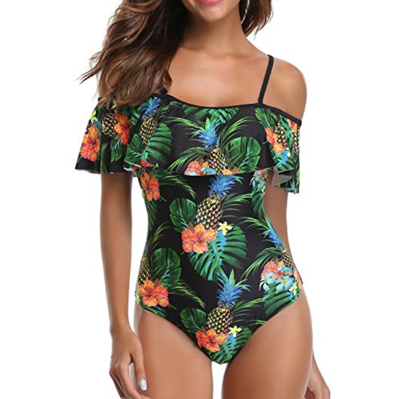 Ruffled Retro Bathing Suit Flounce Printed Swimwear Off Shoulder One Piece Swimsuit-Black Pineapple
