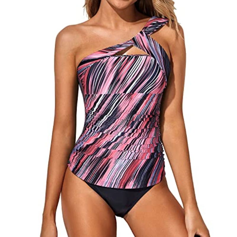 Sexy Asymmetrical Tankini Top 2 Piece Tankini Bathing Suits For Women Shorts-Pink Stripe