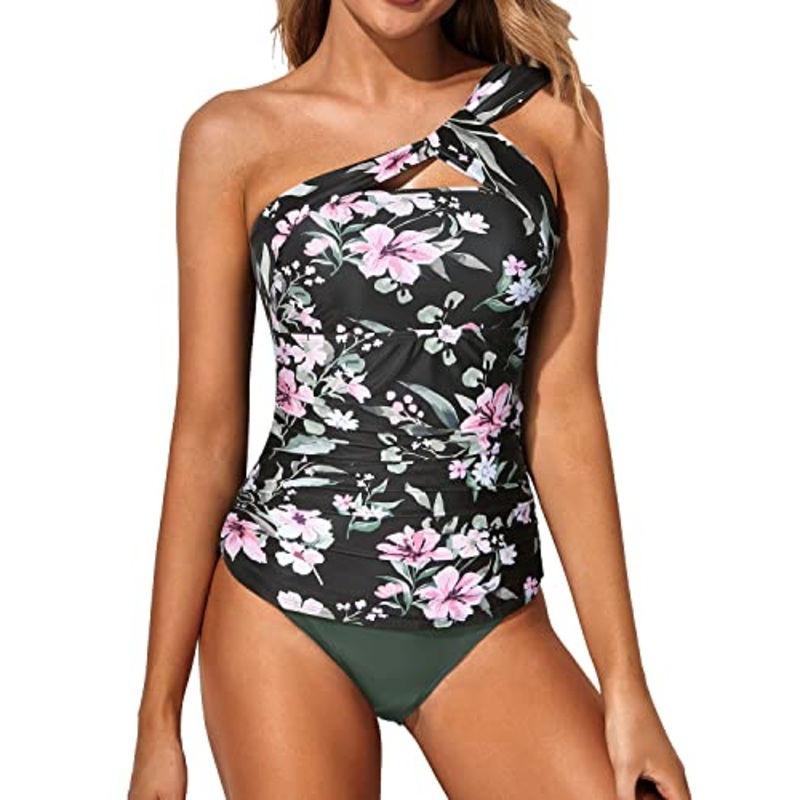 Sexy Two Piece Tankini Bathing Suits One Shoulder Swim Top Shorts Swimsuits-Black Pink Flowers