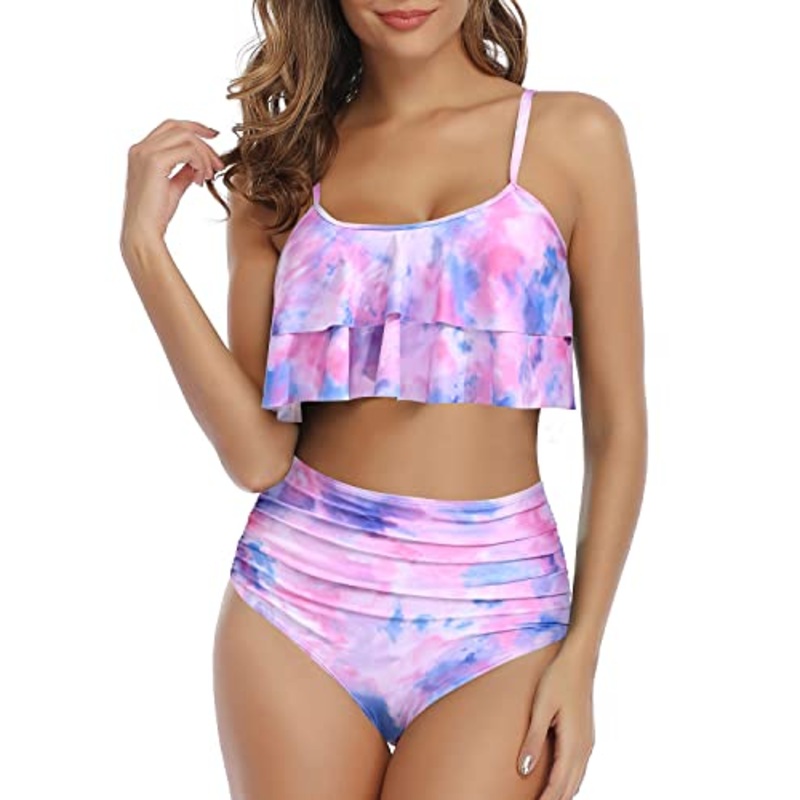 Slimming High Waisted Bikini Set Double Tiered Ruffle Top-Color Tie Dye