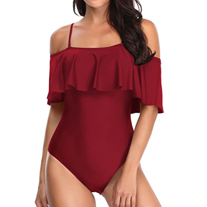 Slimming Long Torso Ruffle One Piece Swimsuits-Maroon