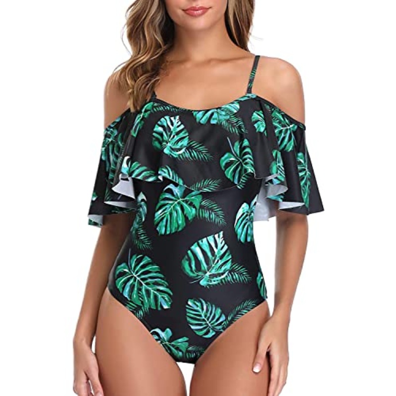 Slimming Off Shoulder One Piece Swimsuit For Women-Black And Green Leaf