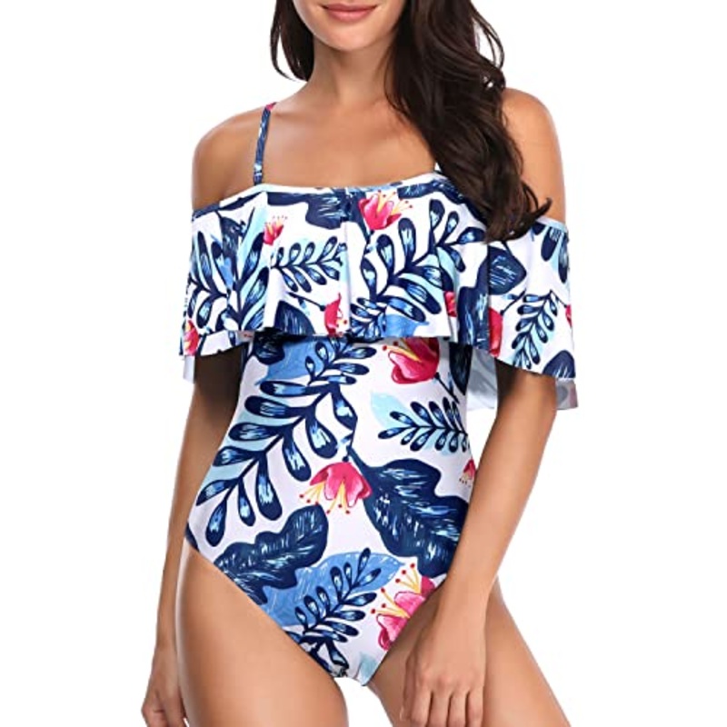 Slimming Off Shoulder Vintage One Piece Swimsuits-White And Blue Floral