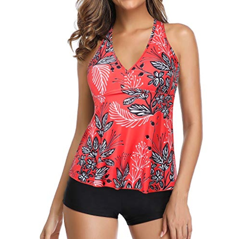 Sporty Bathing Suit Tummy Slimming Shirred Swim Tops And Boyshort-Red Floral
