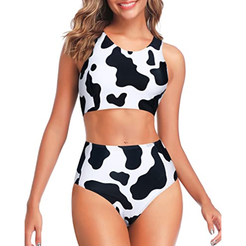 Sporty High Waisted Two Piece Swimsuit For Teen Girls-Cow Print