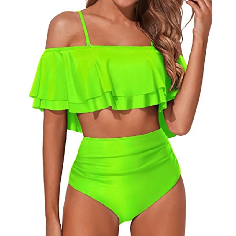 Stylish Off Shoulder High Waisted Bikini Set Swimsuit-Neon Green