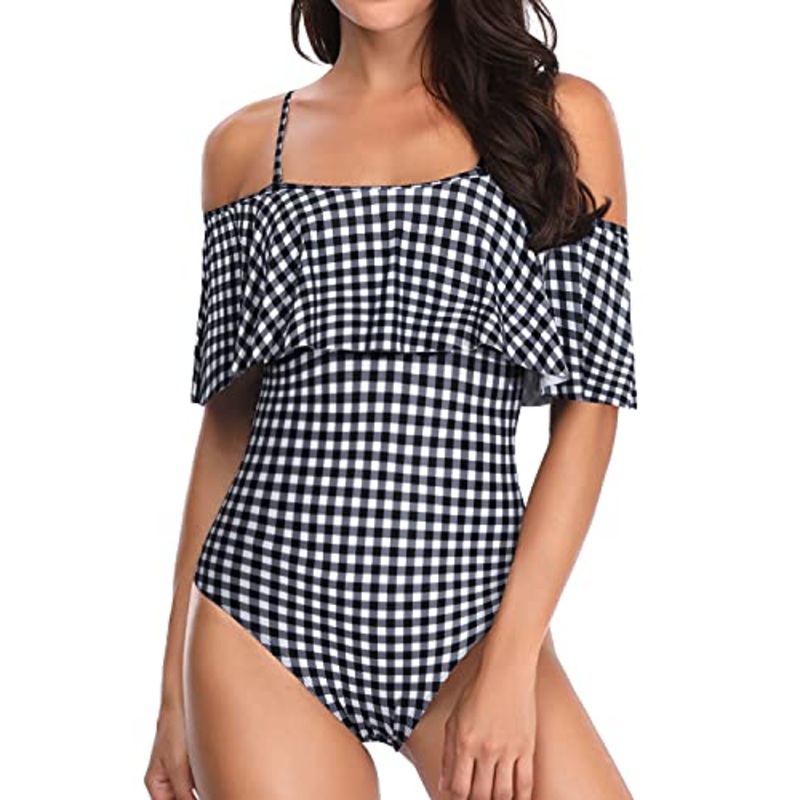 Stylish Off Shoulder One Piece Swimwear For Girls-Black And White Checkered