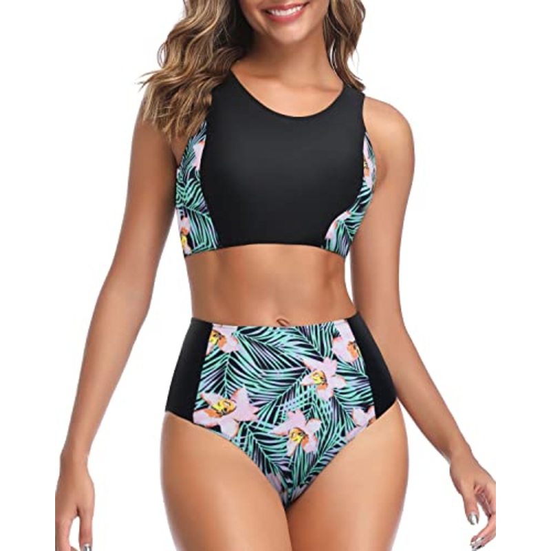 Stylish Two Piece High Waisted Bikini Set For Teen Girls-Black Floral