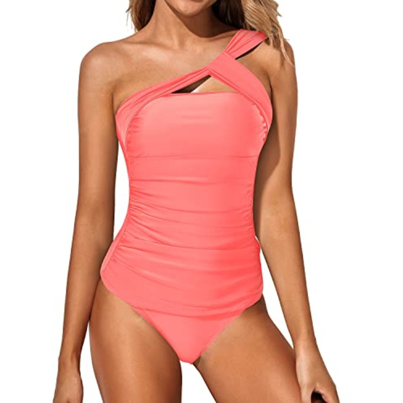 Stylish Two Piece One Shoulder Swim Top Shorts-Coral Pink