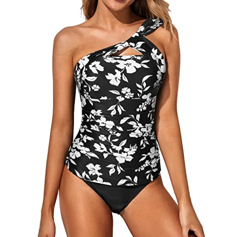 Supportive Padded Bra 2 Piece Tankini Bathing Suits For Women Shorts-Black Floral