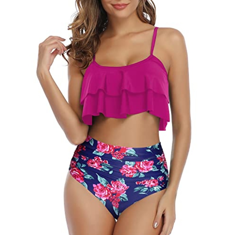 Trendy And Elegant Ruffle Bandeau Bikini Set High Waisted Bottom-Pink Floral