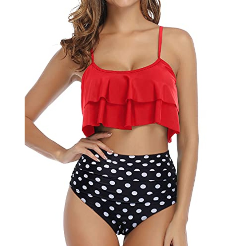 Trendy And Fashionable Ruffle High Waisted Bikini-Red Dot