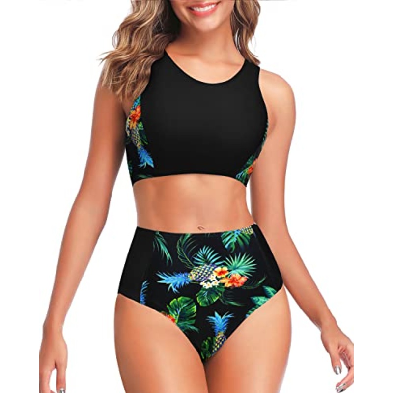 Trendy High Waisted Two Piece Bikini Set For Teen Girls-Black Pineapple