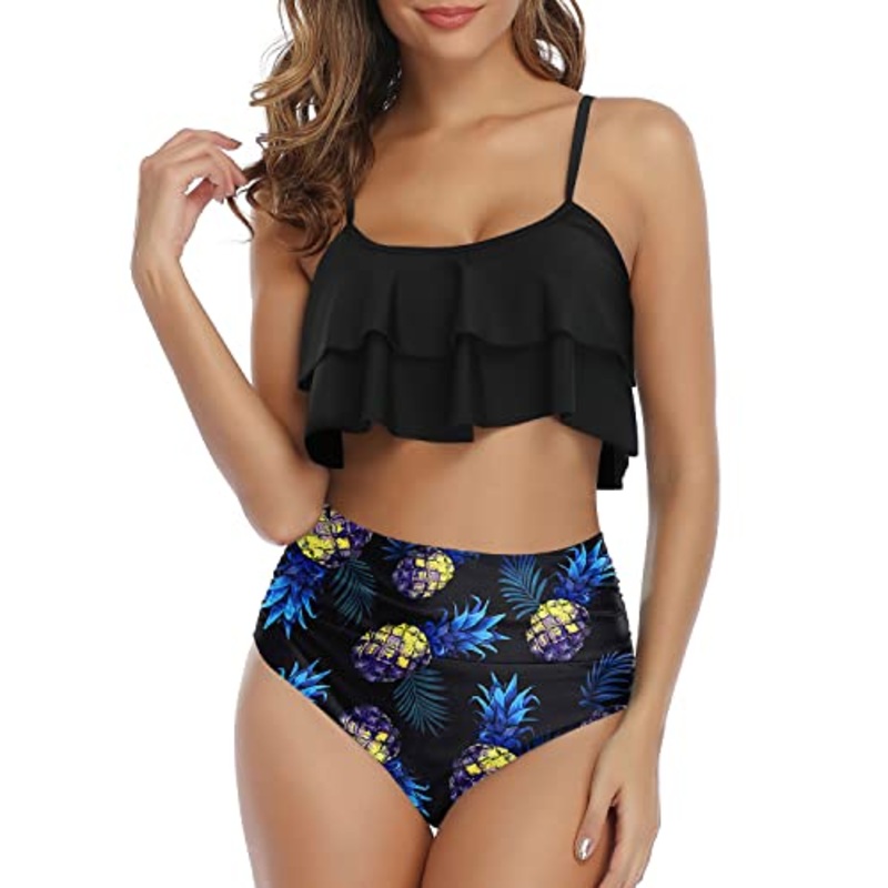 Tropical-Inspired Ruffle Bikini High Waisted Bottoms-Black Pineapple