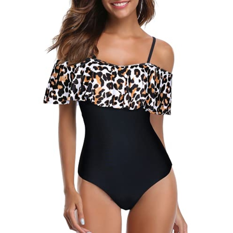 Tropical Long Torso One Piece Swimsuit For Women-Black And Leopard