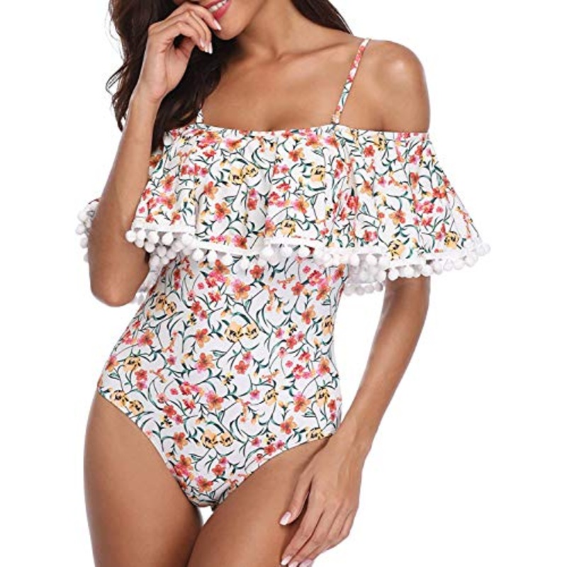 Tropical Long Torso One Piece Swimsuit Off Shoulder Women's Swimwear-White Floral