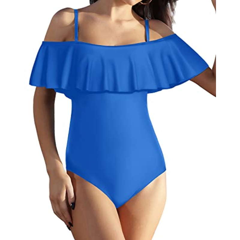 Tropical Long Torso Ruffled One Piece Swimwear-Light Blue