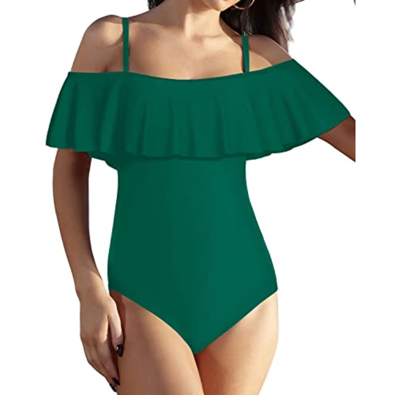 Tummy Control Flounce Ruffled One Piece Swimsuit For Women-Emerald Green