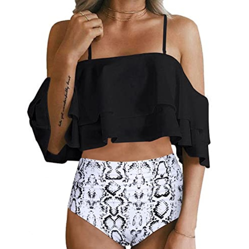 Tummy Control Off Shoulder Bikini Set For Women-Black Snake
