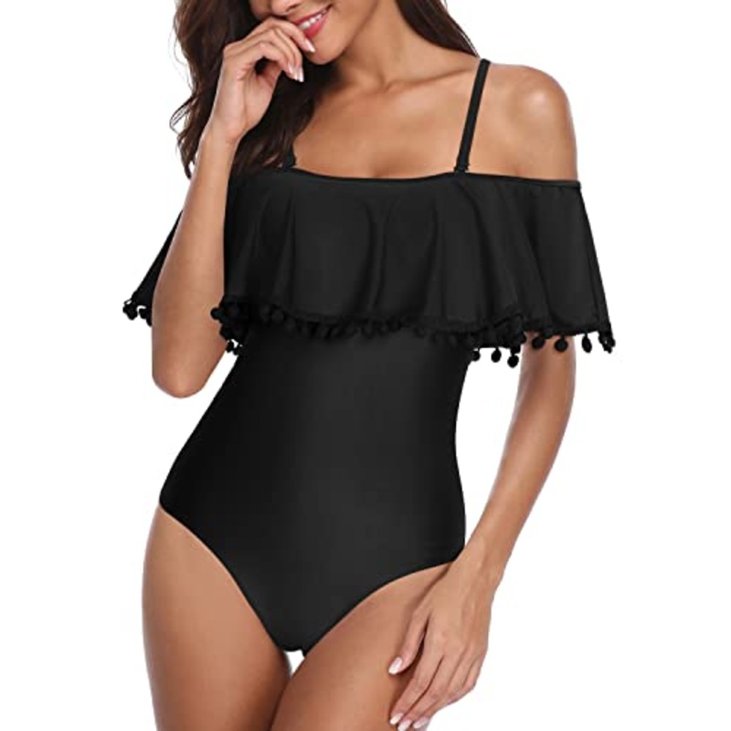 Tummy Control Off Shoulder Ruffled One Piece Swimsuit-Black