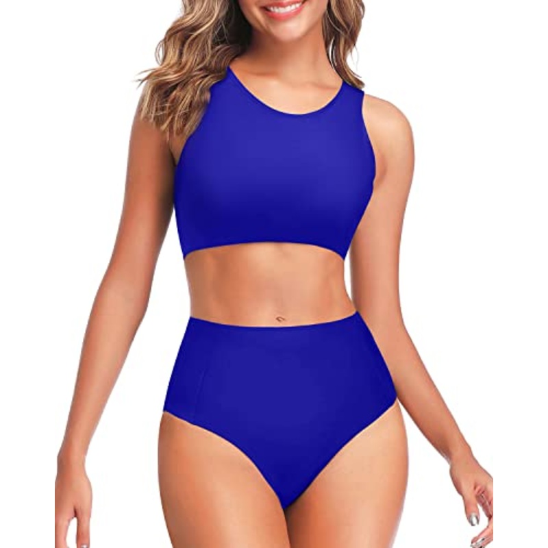 Tummy Control Scoop Neck High Waisted Bikini Set-Royal Blue