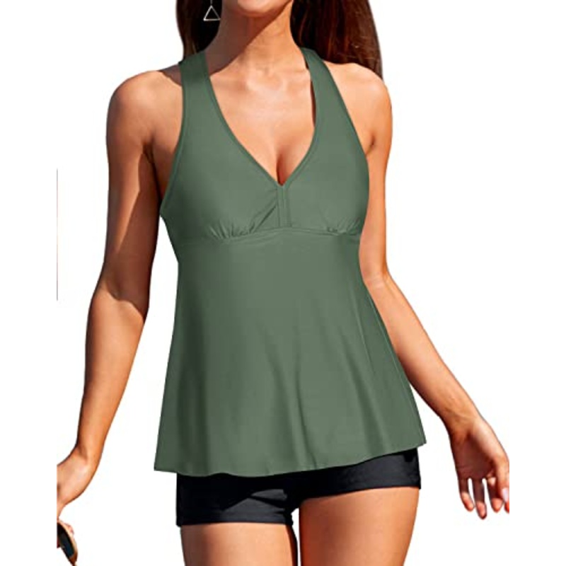 Tummy Slimming Bathing Suit Tankini Top And Shorts For Padded Push Up-Olive Green