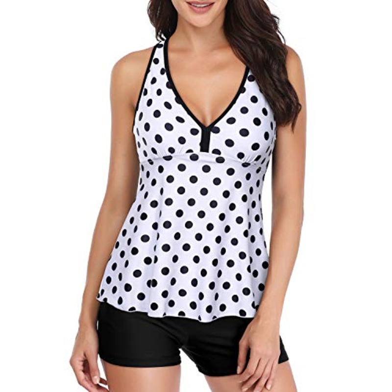 Tummy Slimming Bathing Suit Tankini Top & Shorts For Padded Push Up-Black Dot