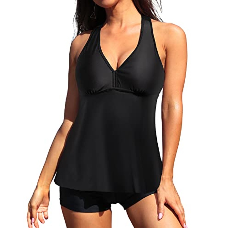 Tummy Slimming Swimming Suit & Racerback Top-Black