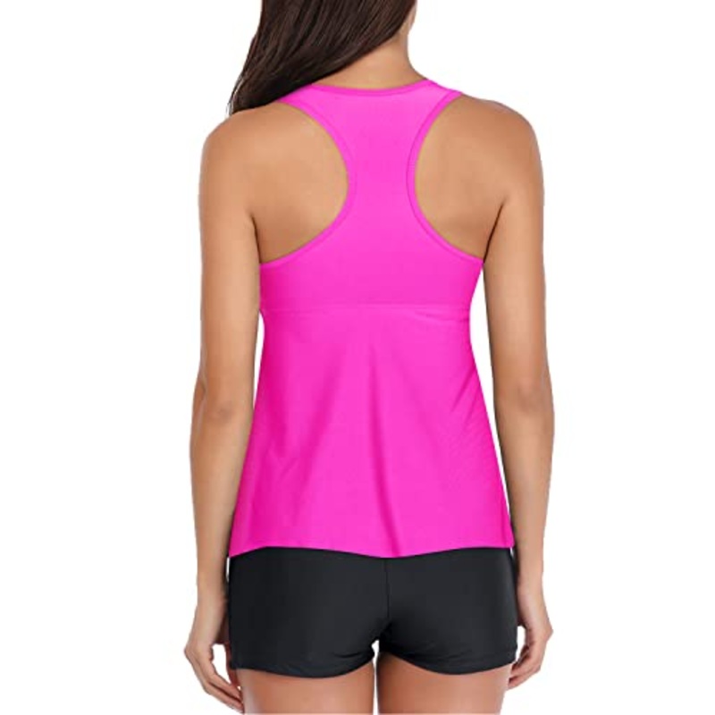 Tummy Slimming Swimming Suit Racerback Top & Tankini Top For Full Coverage-Hot Pink