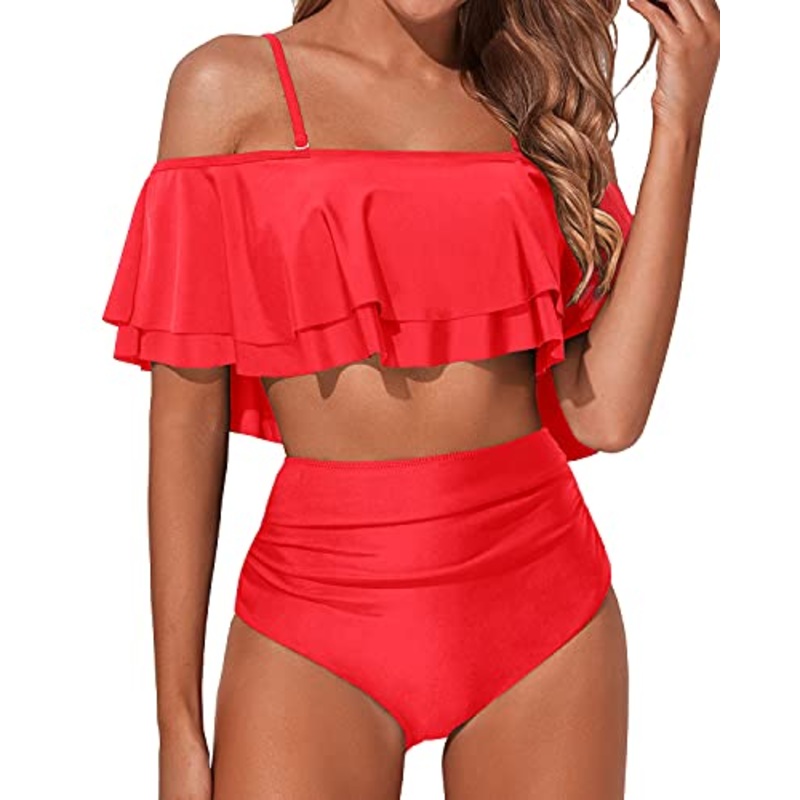 Two Piece Curvy Off Shoulder High Waisted Bikini Set-Neon Red