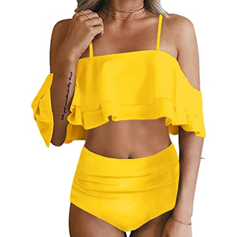Two Piece Cute Ruffle Sleeve High Waisted Bikini Set Swimsuit-Neon Yellow