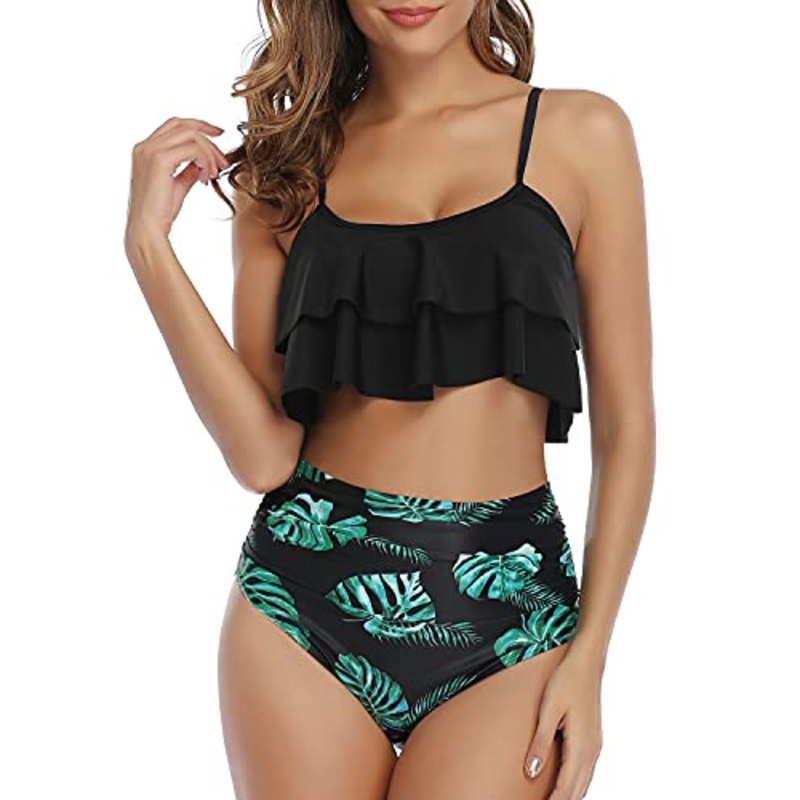 Two Piece Double Tiered Ruffle Flounce Crop Top Bikini Set-Black Leaf