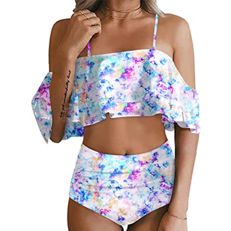 Two Piece Elegant High Waisted Off Shoulder Bikini Swimsuit-White Tie Dye