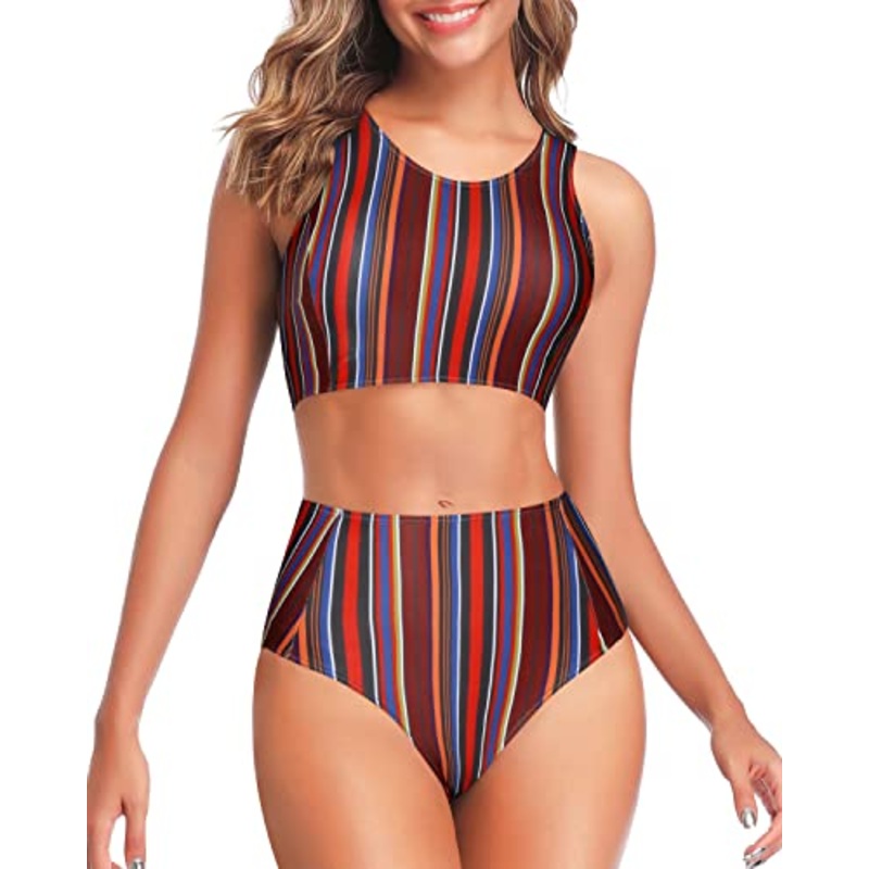 Two Piece High Waisted Bathing Suit For Teen Girls-Brown Striped
